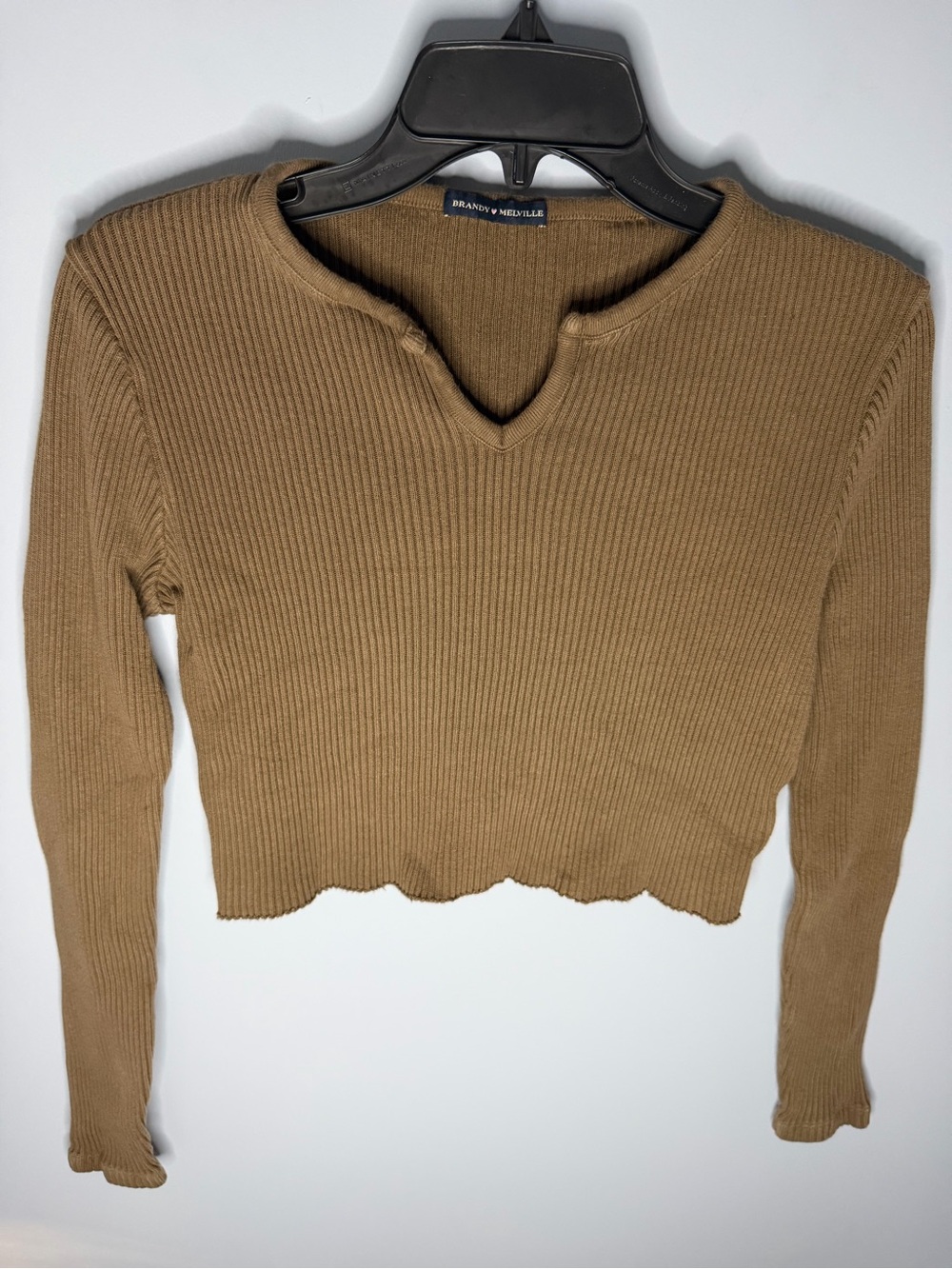 Brandy Melville brown Ribbed V-Notch Long Sleeve Crop Top